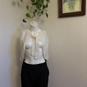 Vintage Ivory Knit Shawl / Cropped Tie Cardigan